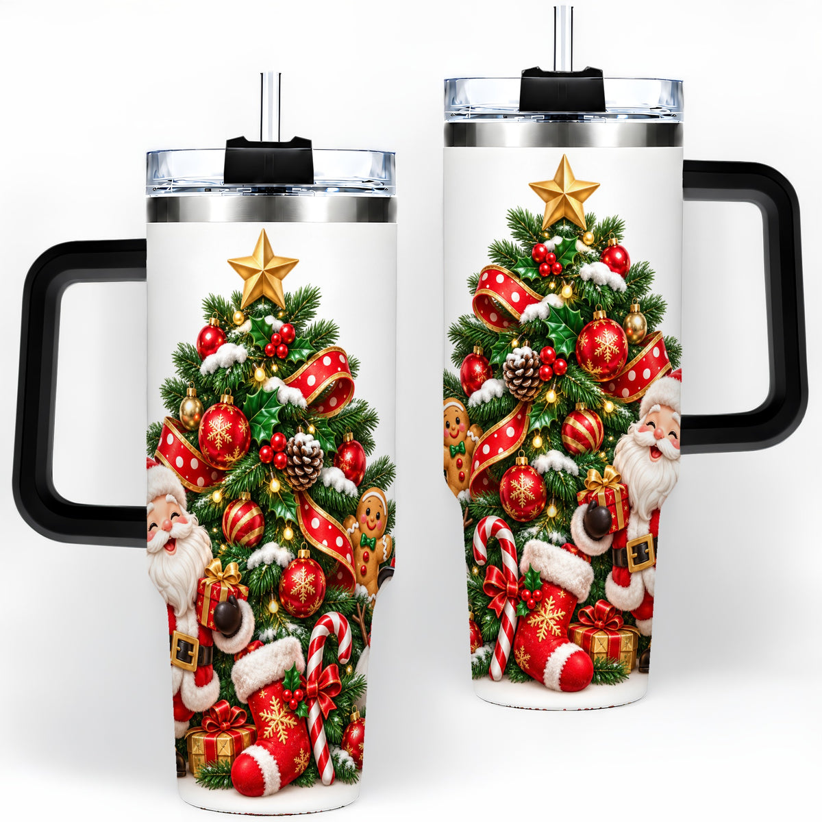 #pl[40oz|Black] Santa Christmas Tree Handled Tumbler, 40oz Holiday Drinkware