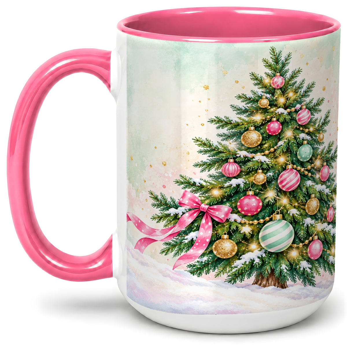 #pl[15oz|Pink] Pastel Christmas Tree Accent Mug, Ceramic Cup with Pink Bow Art