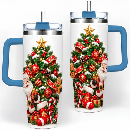 #pl[40oz|Blue] Santa Christmas Tree Handled Tumbler, 40oz Holiday Drinkware