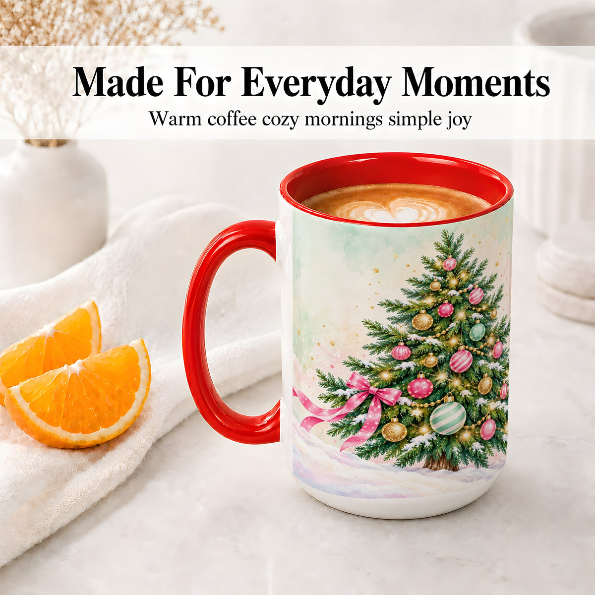#pl[15oz|Red] Pastel Christmas Tree Accent Mug, Ceramic Cup with Pink Bow Art