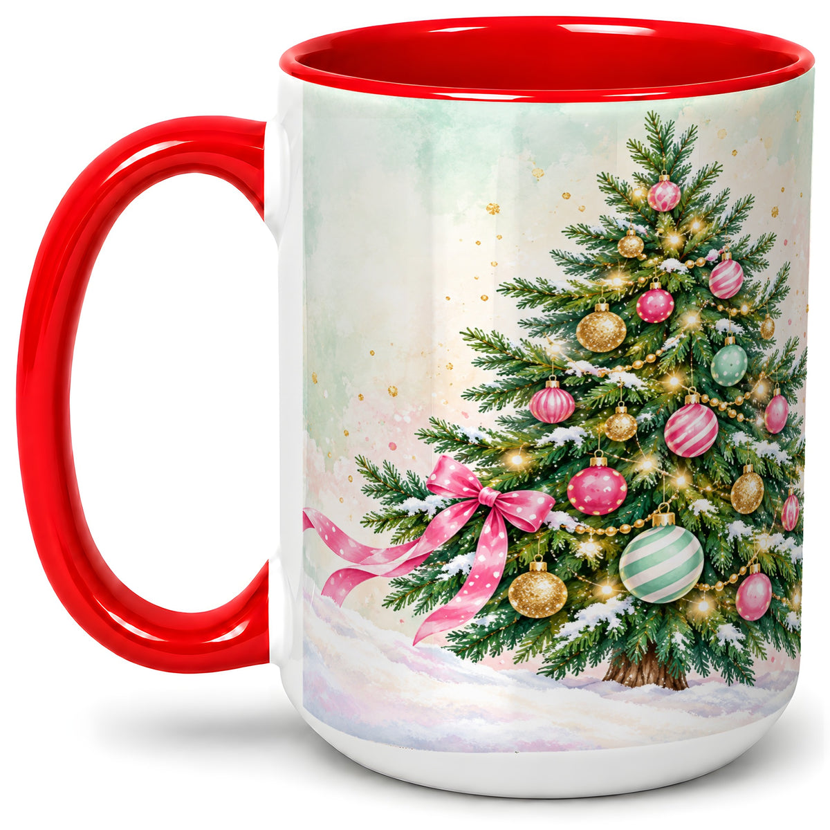 #pl[15oz|Red] Pastel Christmas Tree Accent Mug, Ceramic Cup with Pink Bow Art