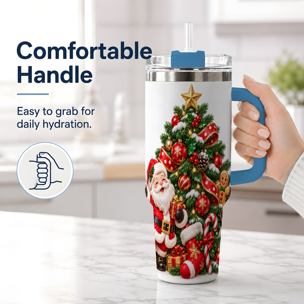 #pl[40oz|Blue] Santa Christmas Tree Handled Tumbler, 40oz Holiday Drinkware