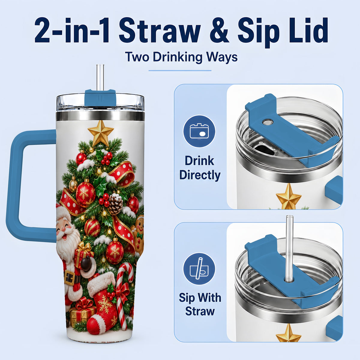 #pl[40oz|Blue] Santa Christmas Tree Handled Tumbler, 40oz Holiday Drinkware