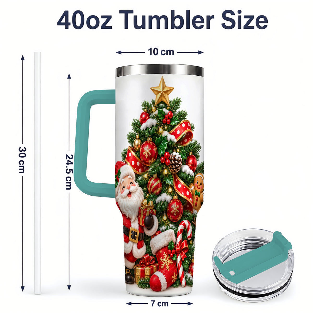#pl[40oz|Green] Santa Christmas Tree Handled Tumbler, 40oz Holiday Drinkware