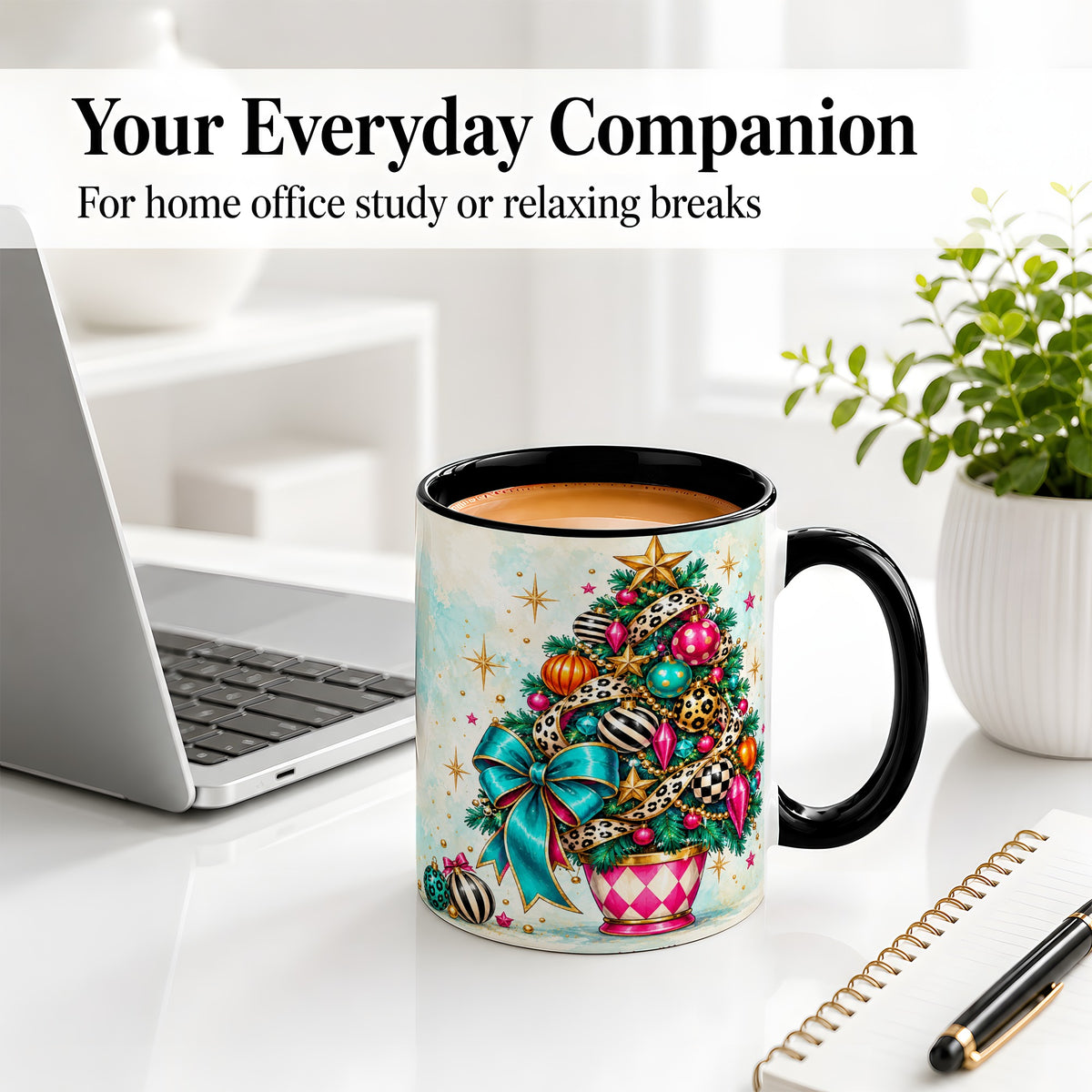 #pl[11oz|Black] Colorful Christmas Tree Accent Mug, Ceramic Cup with Leopard Bow