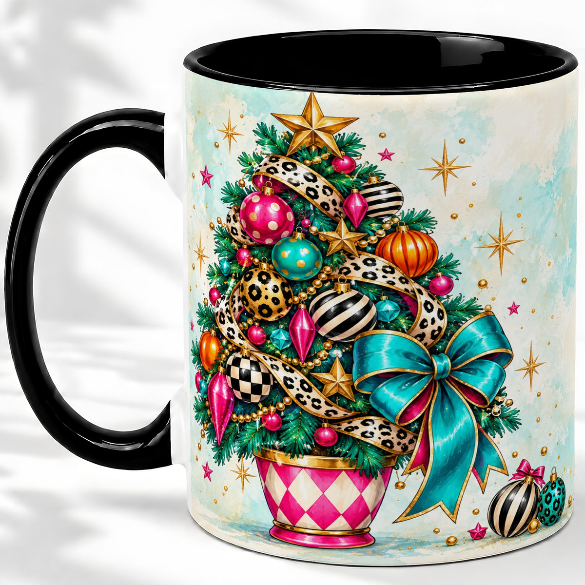 #pl[11oz|Black] Colorful Christmas Tree Accent Mug, Ceramic Cup with Leopard Bow