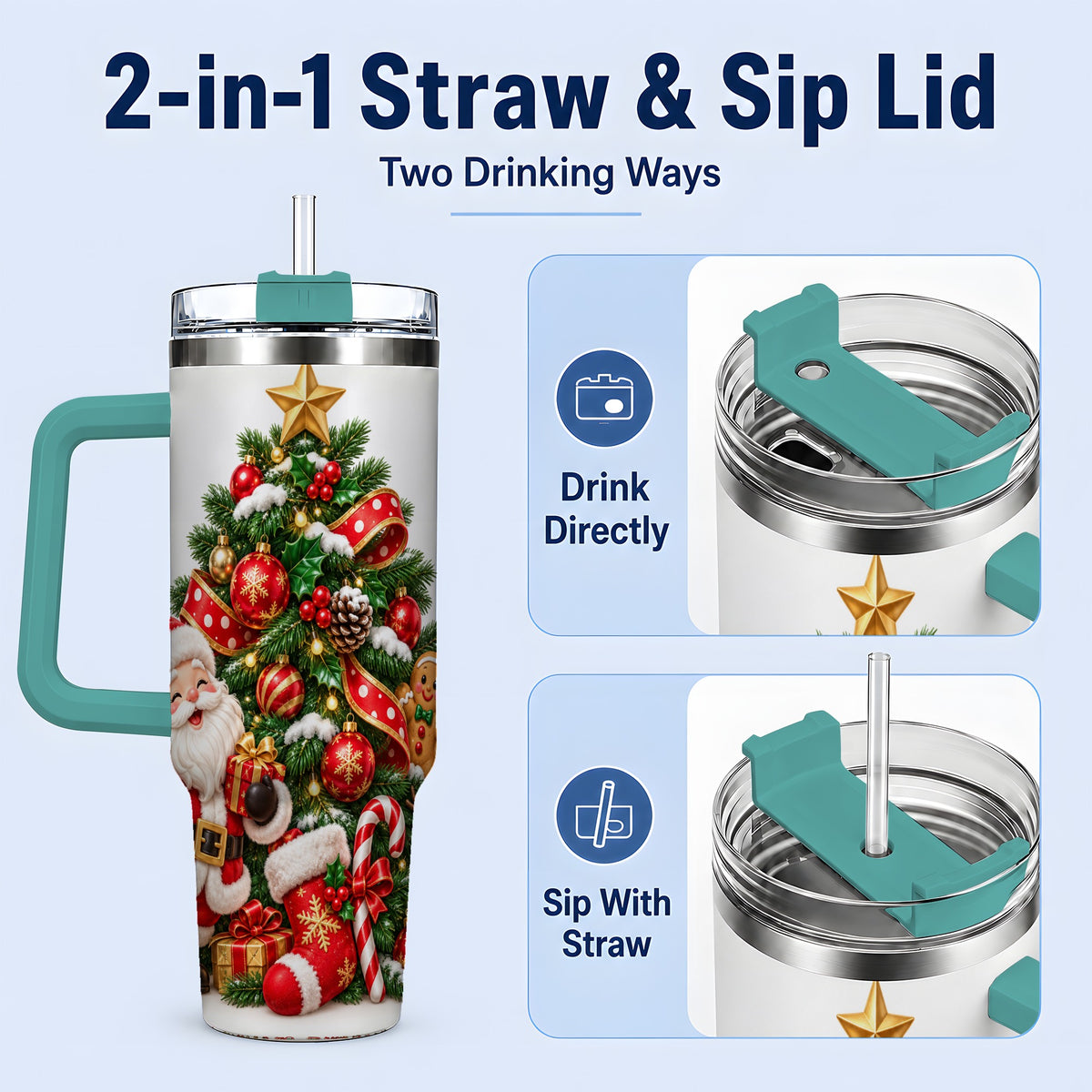 #pl[40oz|Green] Santa Christmas Tree Handled Tumbler, 40oz Holiday Drinkware
