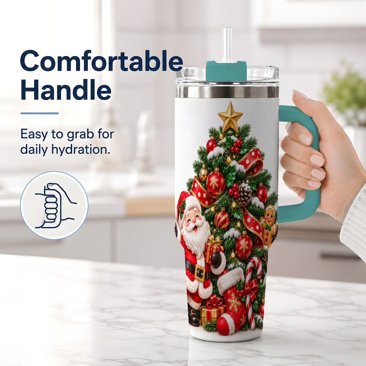 #pl[40oz|Green] Santa Christmas Tree Handled Tumbler, 40oz Holiday Drinkware