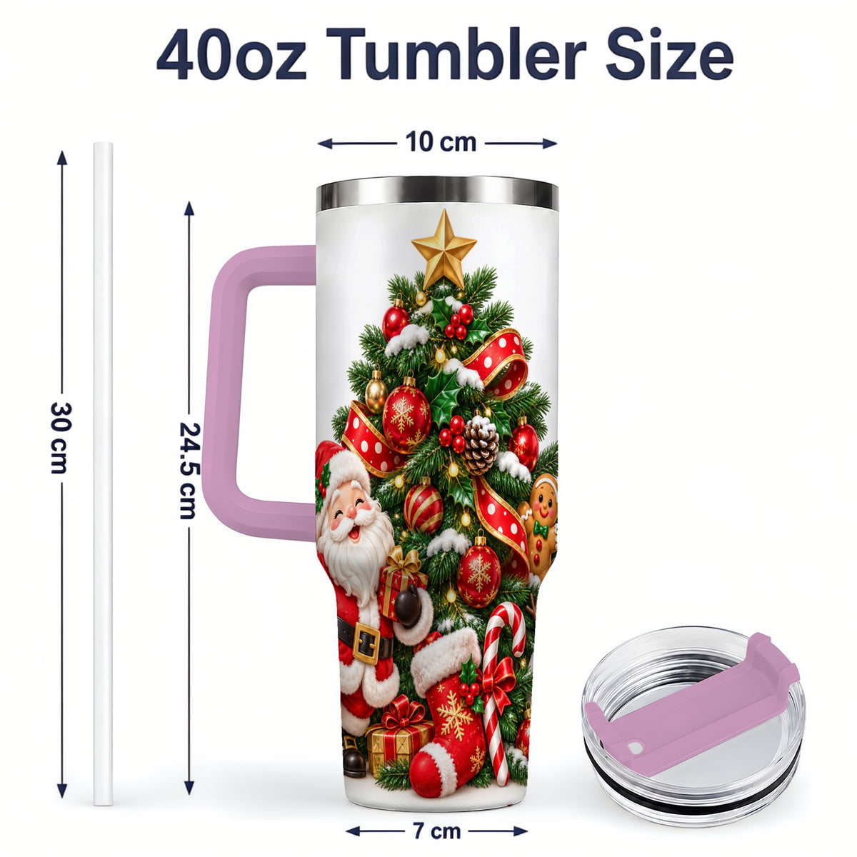 #pl[40oz|Pink] Santa Christmas Tree Handled Tumbler, 40oz Holiday Drinkware