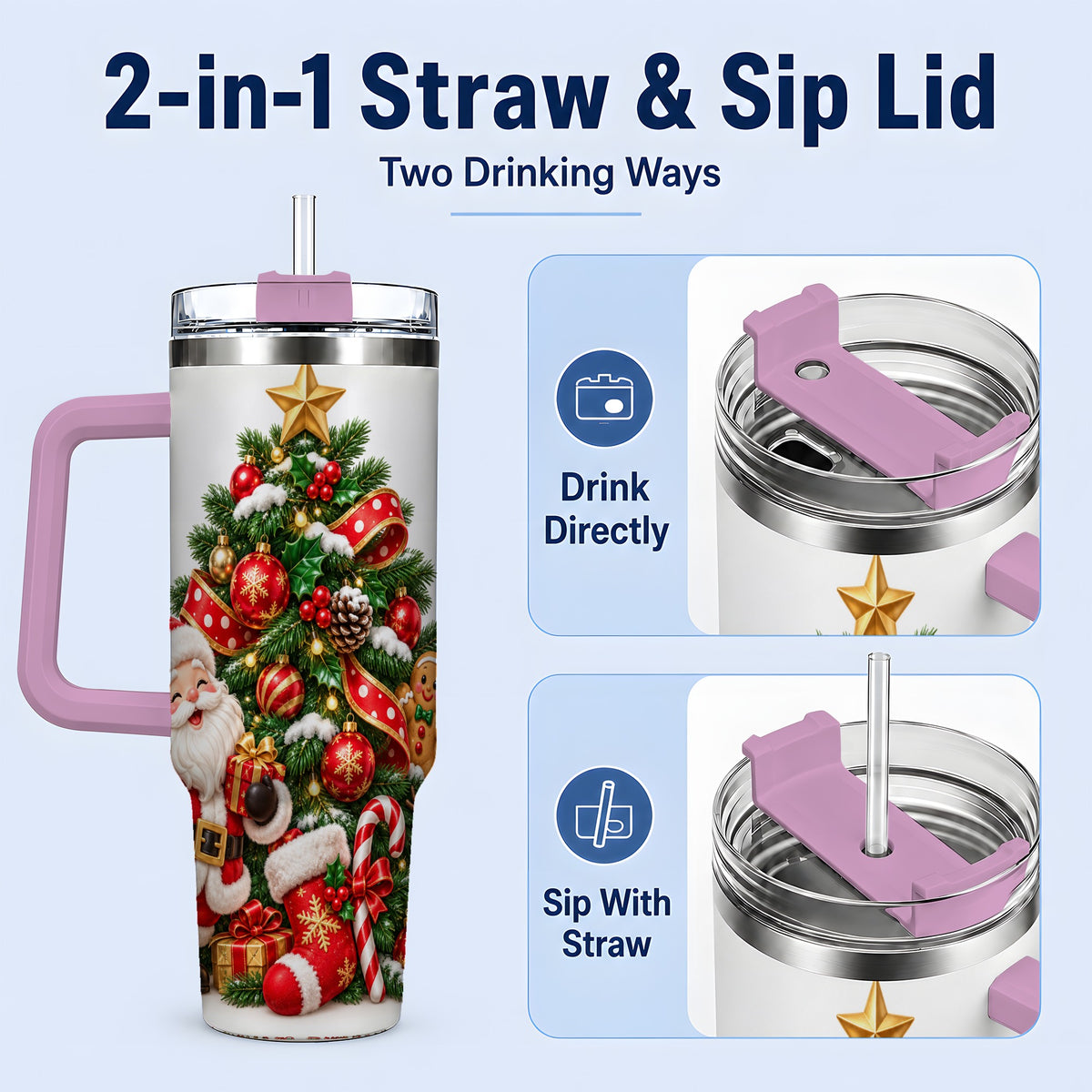 #pl[40oz|Pink] Santa Christmas Tree Handled Tumbler, 40oz Holiday Drinkware
