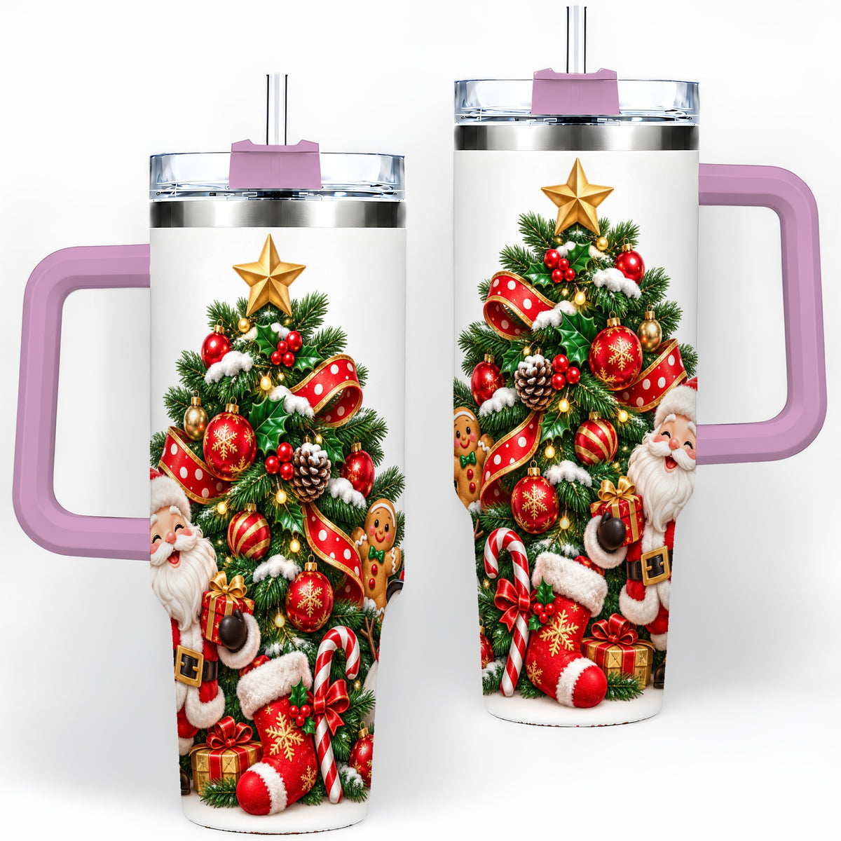 #pl[40oz|Pink] Santa Christmas Tree Handled Tumbler, 40oz Holiday Drinkware