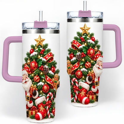 #pl[40oz|Pink] Santa Christmas Tree Handled Tumbler, 40oz Holiday Drinkware