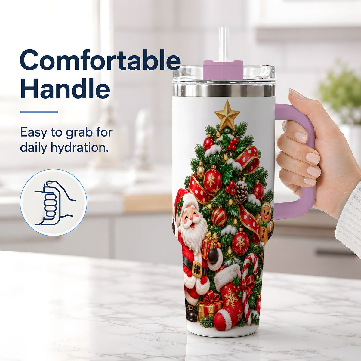 #pl[40oz|Pink] Santa Christmas Tree Handled Tumbler, 40oz Holiday Drinkware
