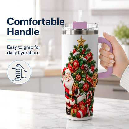 #pl[40oz|Pink] Santa Christmas Tree Handled Tumbler, 40oz Holiday Drinkware