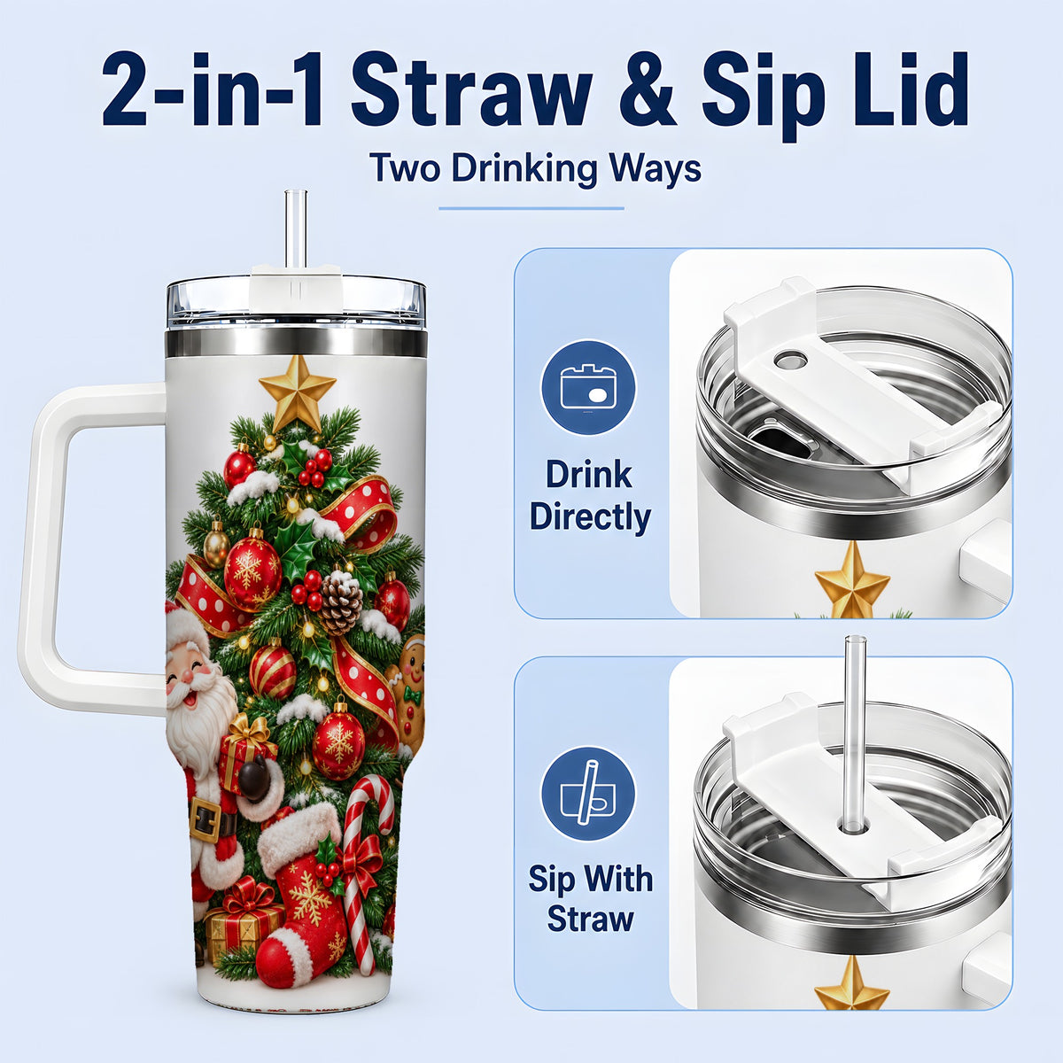 #pl[40oz|White] Santa Christmas Tree Handled Tumbler, 40oz Holiday Drinkware