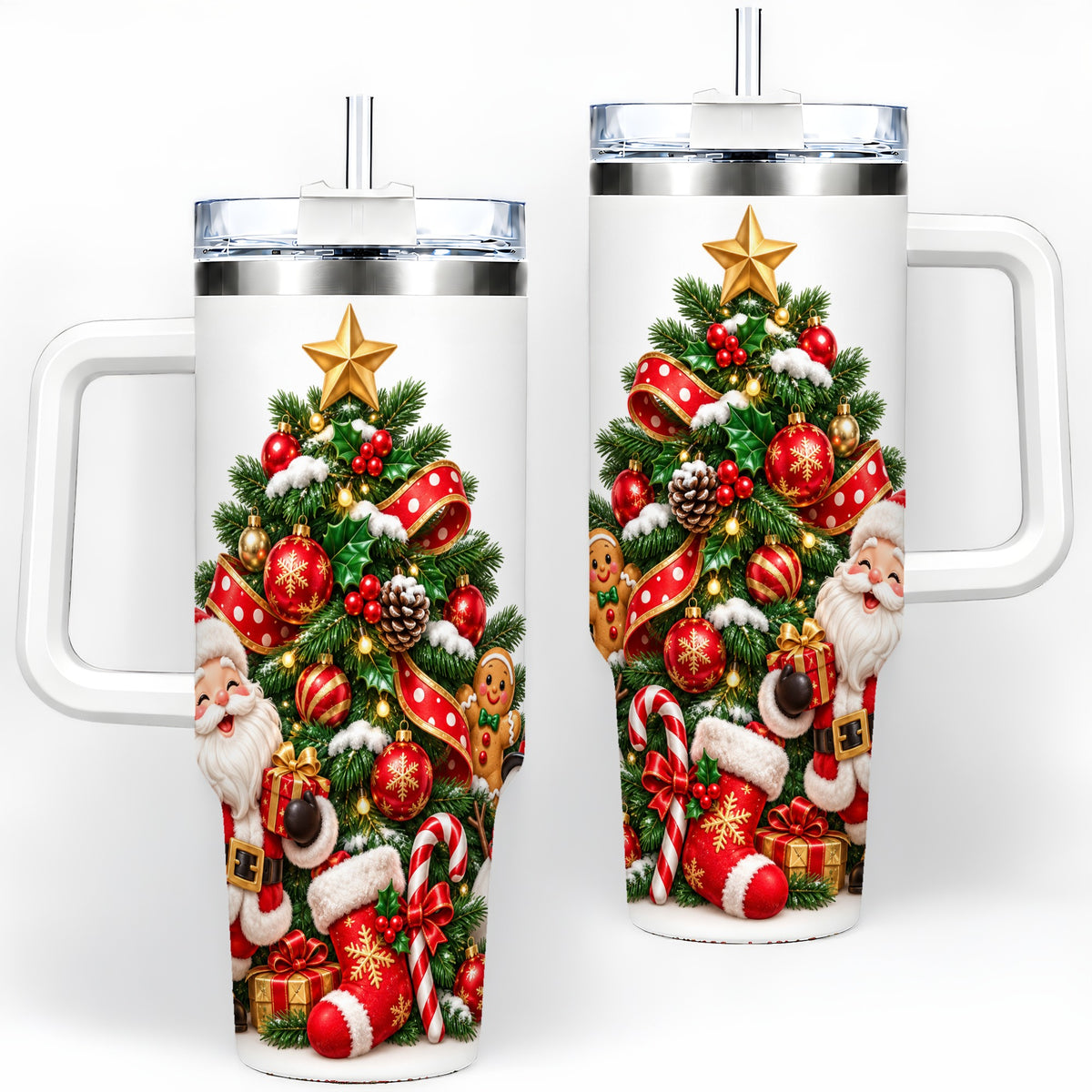 Santa Christmas Tree Handled Tumbler, 40oz Holiday Drinkware