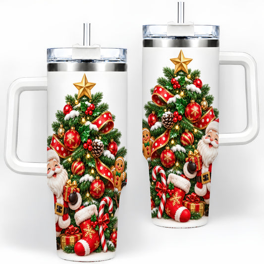 Santa Christmas Tree Handled Tumbler, 40oz Holiday Drinkware