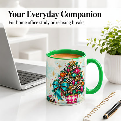 #pl[11oz|Green] Colorful Christmas Tree Accent Mug, Ceramic Cup with Leopard Bow