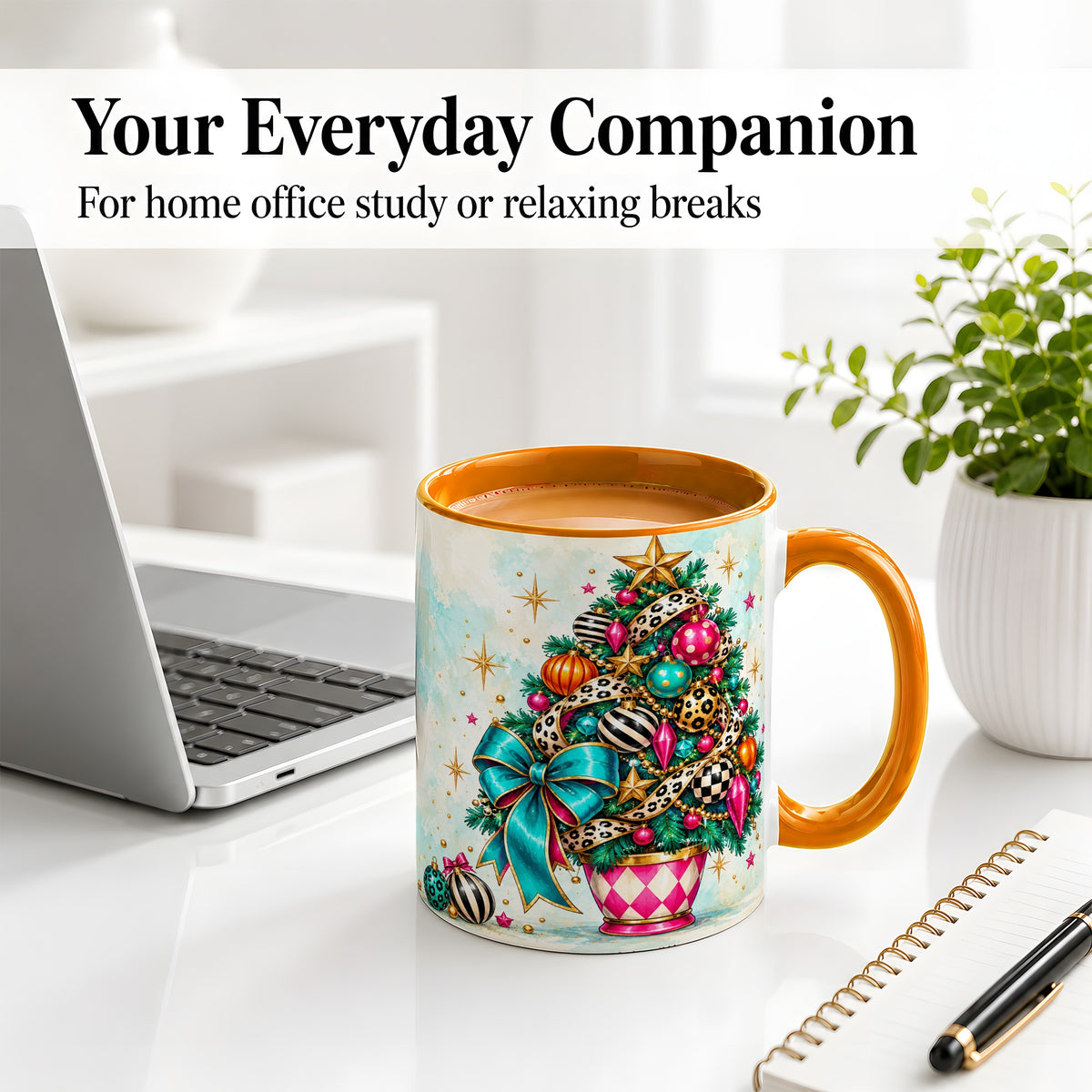 #pl[11oz|Orange] Colorful Christmas Tree Accent Mug, Ceramic Cup with Leopard Bow