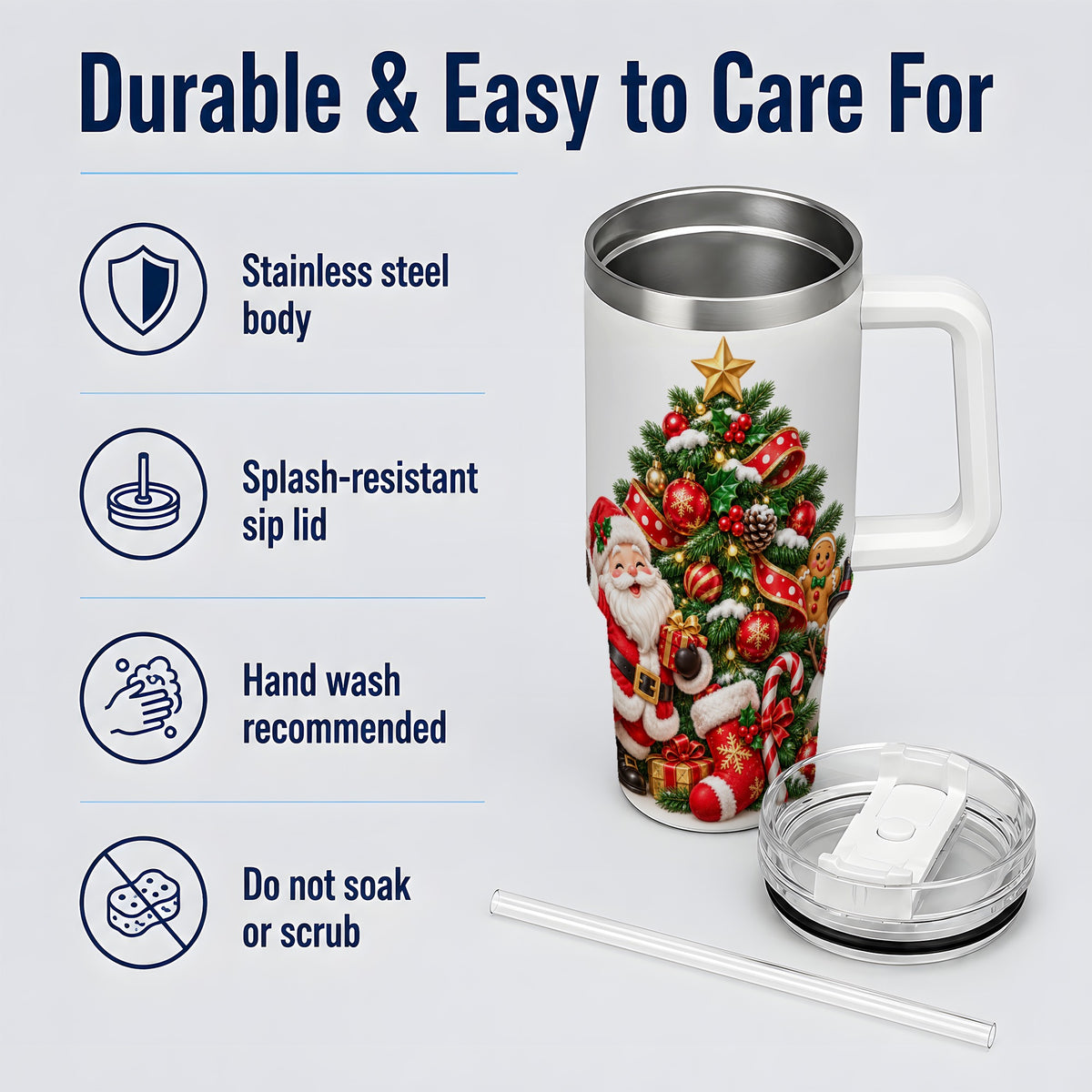 Santa Christmas Tree Handled Tumbler, 40oz Holiday Drinkware
