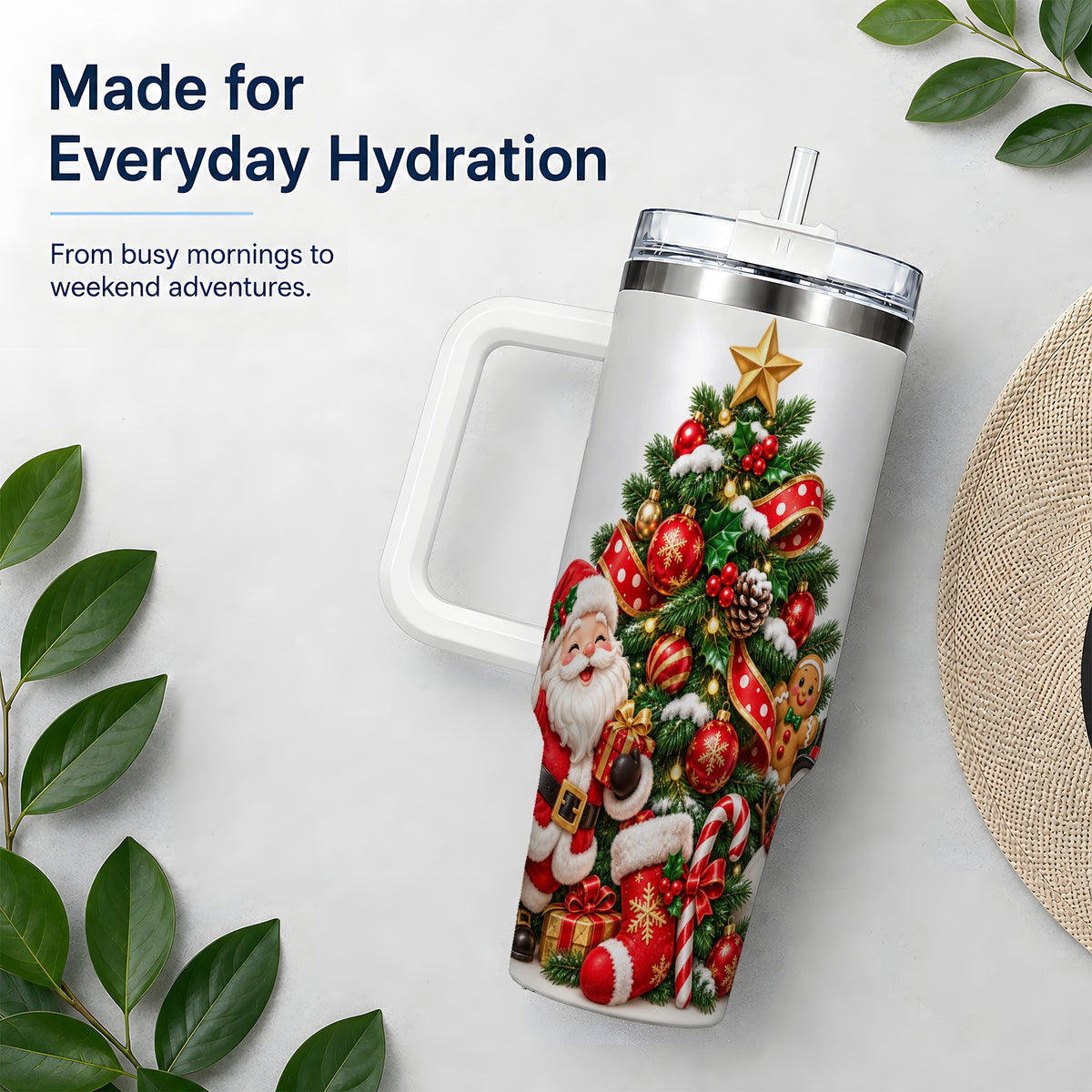 Santa Christmas Tree Handled Tumbler, 40oz Holiday Drinkware