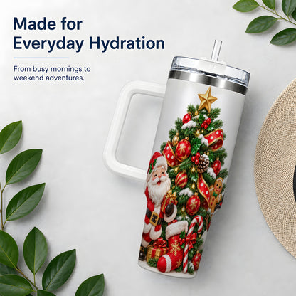 Santa Christmas Tree Handled Tumbler, 40oz Holiday Drinkware