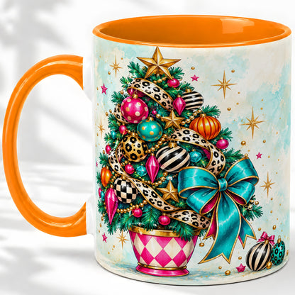 #pl[11oz|Orange] Colorful Christmas Tree Accent Mug, Ceramic Cup with Leopard Bow