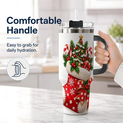 #pl[40oz|Black] Christmas Stocking Handled Tumbler, 40oz Festive Tree Design