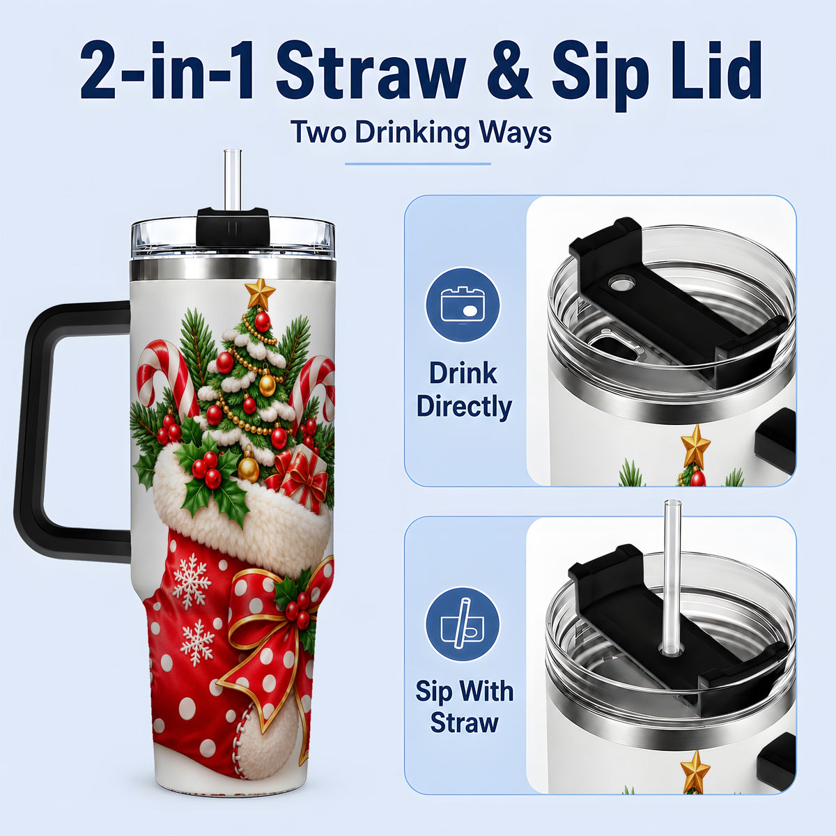 #pl[40oz|Black] Christmas Stocking Handled Tumbler, 40oz Festive Tree Design