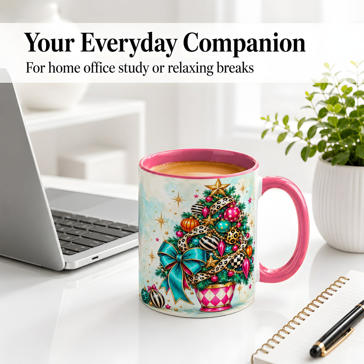 #pl[11oz|Pink] Colorful Christmas Tree Accent Mug, Ceramic Cup with Leopard Bow