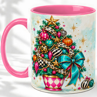 #pl[11oz|Pink] Colorful Christmas Tree Accent Mug, Ceramic Cup with Leopard Bow