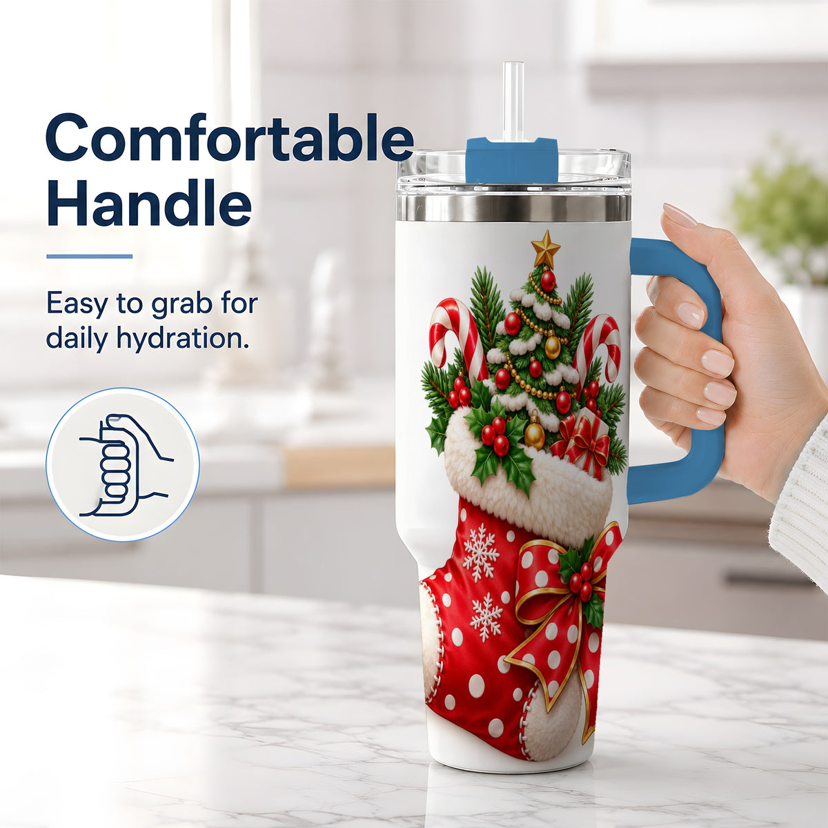 #pl[40oz|Blue] Christmas Stocking Handled Tumbler, 40oz Festive Tree Design