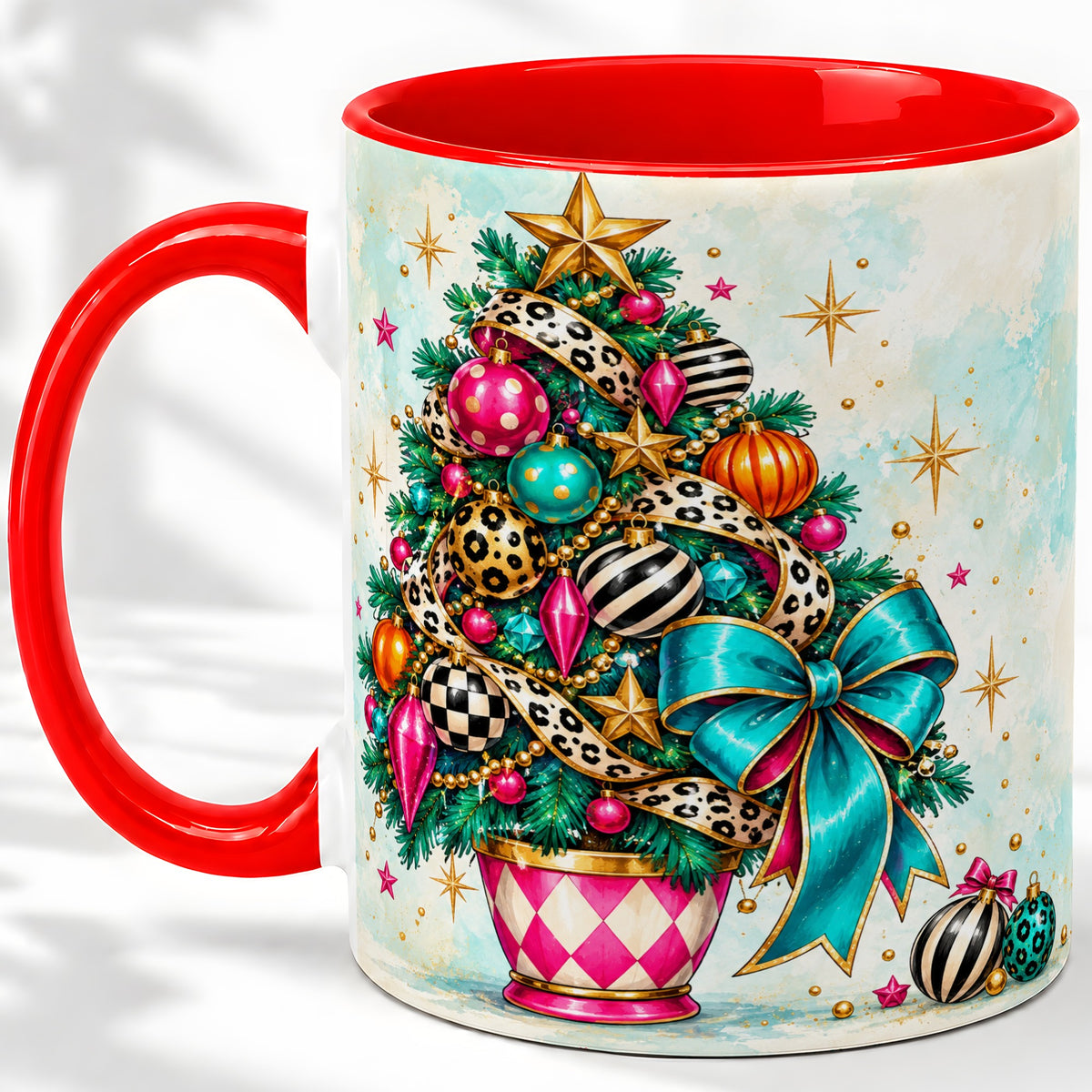 Colorful Christmas Tree Accent Mug, Ceramic Cup with Leopard Bow