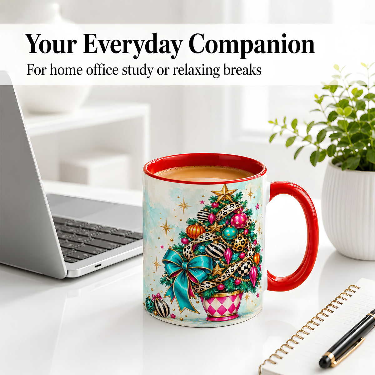 #pl[11oz|Red] Colorful Christmas Tree Accent Mug, Ceramic Cup with Leopard Bow