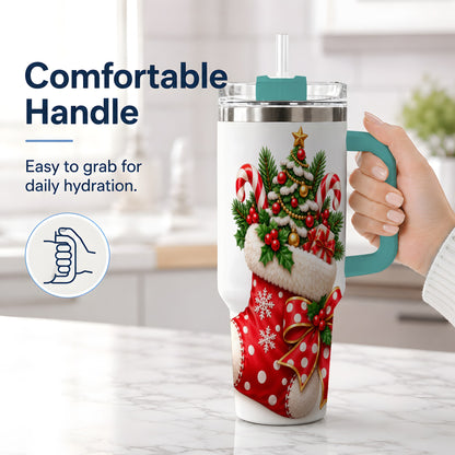 #pl[40oz|Green] Christmas Stocking Handled Tumbler, 40oz Festive Tree Design