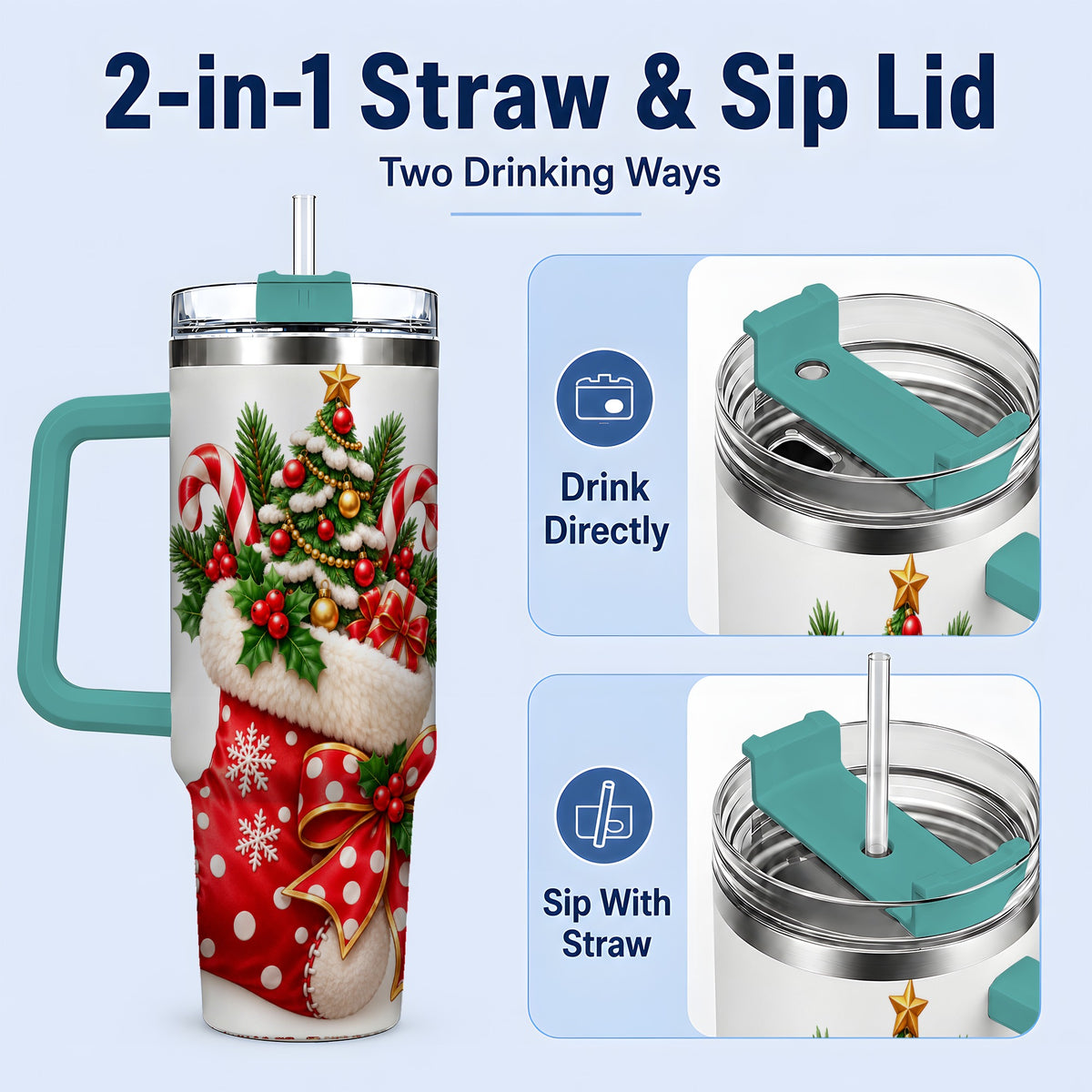 #pl[40oz|Green] Christmas Stocking Handled Tumbler, 40oz Festive Tree Design