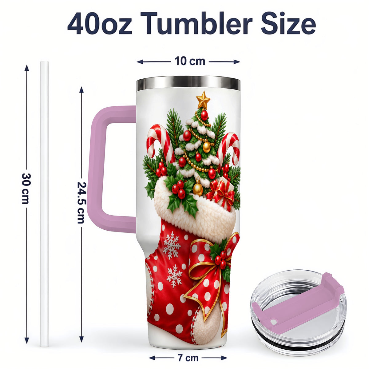 #pl[40oz|Pink] Christmas Stocking Handled Tumbler, 40oz Festive Tree Design