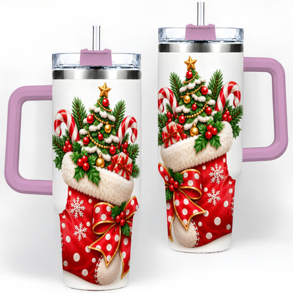 #pl[40oz|Pink] Christmas Stocking Handled Tumbler, 40oz Festive Tree Design