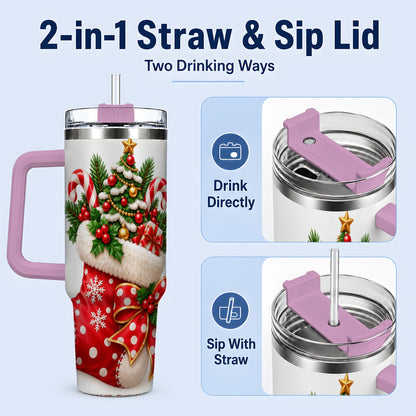 #pl[40oz|Pink] Christmas Stocking Handled Tumbler, 40oz Festive Tree Design