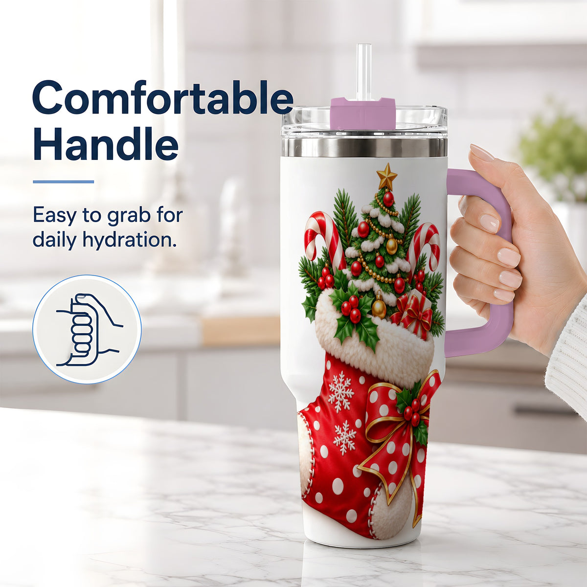 #pl[40oz|Pink] Christmas Stocking Handled Tumbler, 40oz Festive Tree Design