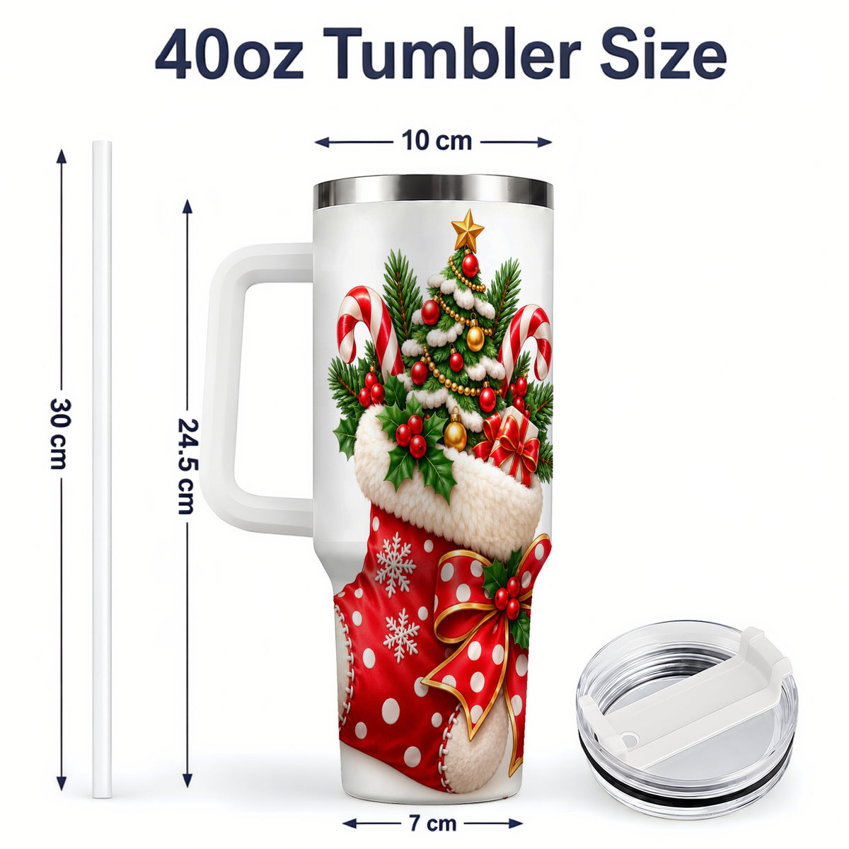 #pl[40oz|White] Christmas Stocking Handled Tumbler, 40oz Festive Tree Design