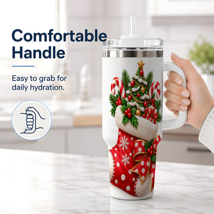 #pl[40oz|White] Christmas Stocking Handled Tumbler, 40oz Festive Tree Design
