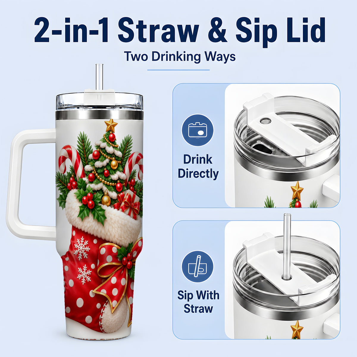 #pl[40oz|White] Christmas Stocking Handled Tumbler, 40oz Festive Tree Design