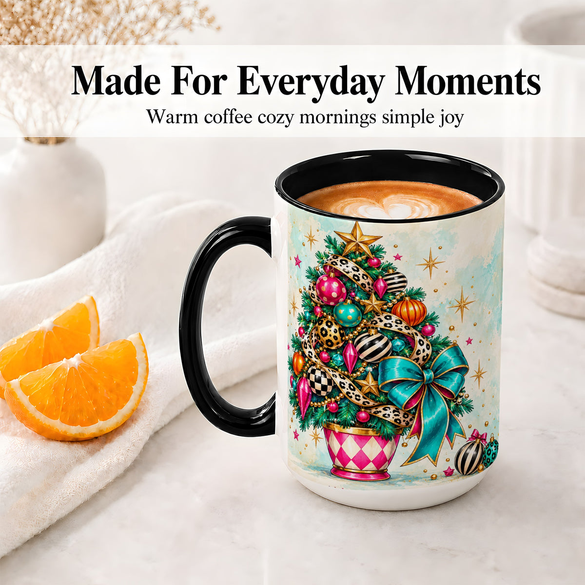 #pl[15oz|Black] Colorful Christmas Tree Accent Mug, Ceramic Cup with Leopard Bow