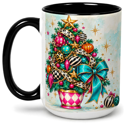 #pl[15oz|Black] Colorful Christmas Tree Accent Mug, Ceramic Cup with Leopard Bow