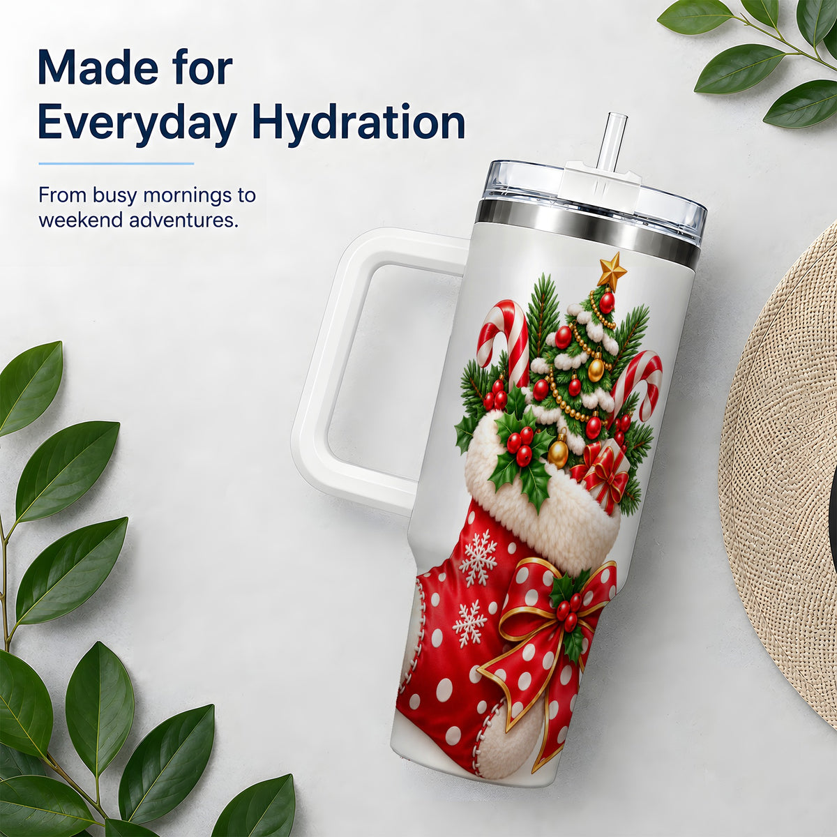 Christmas Stocking Handled Tumbler, 40oz Festive Tree Design