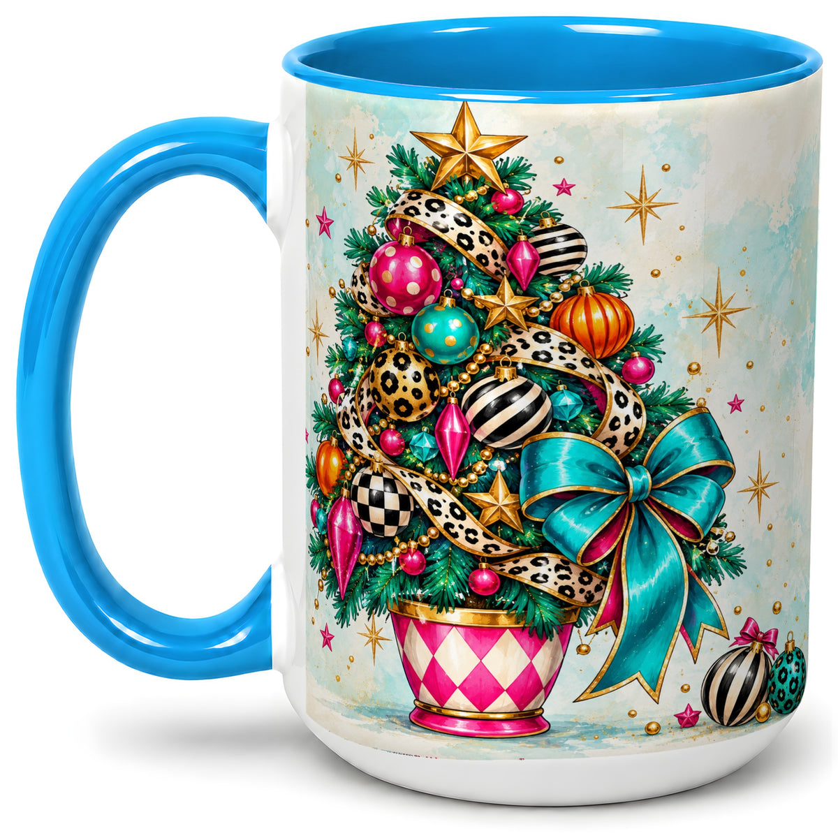 #pl[15oz|Blue] Colorful Christmas Tree Accent Mug, Ceramic Cup with Leopard Bow