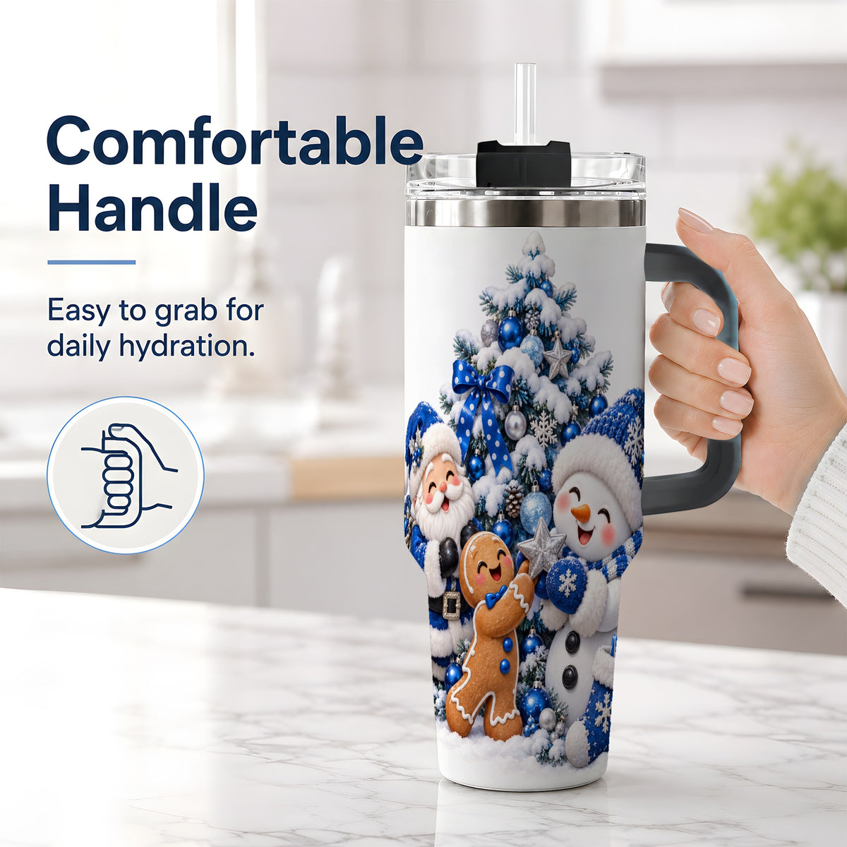 #pl[40oz|Black] Blue Santa Snowman Handled Tumbler, 40oz Christmas Drinkware