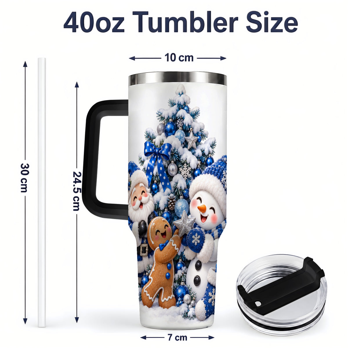 #pl[40oz|Black] Blue Santa Snowman Handled Tumbler, 40oz Christmas Drinkware