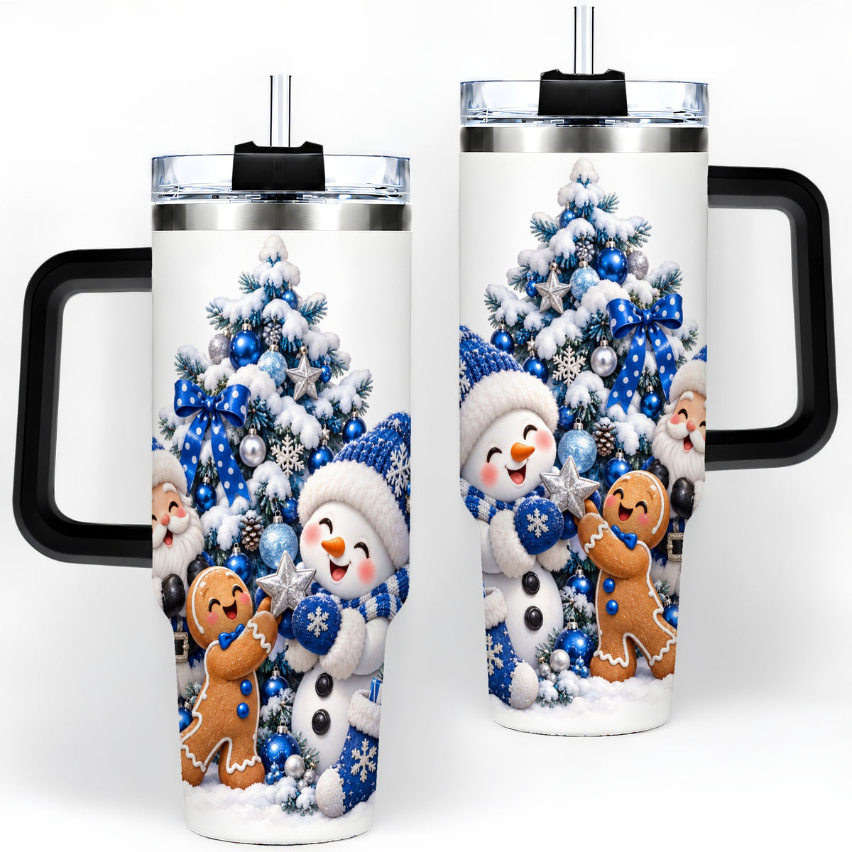 #pl[40oz|Black] Blue Santa Snowman Handled Tumbler, 40oz Christmas Drinkware
